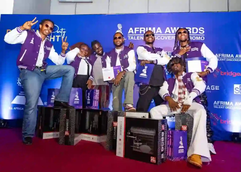 L-R: AFRIMA Diamonds; Black Astro (represented by JacInth), Ellacentric, Mayowa Afolabi, Yamayeh Vibez, Dellfire, Blinkz Baba and El Nayaan (seated), during the AFRIMA Talent Discovery & Promotion Initiative (AFRIMA Diamond Party and Prize presentation) held at Voyage Lagos, GRA, Ikeja, Lagos on Wednesday