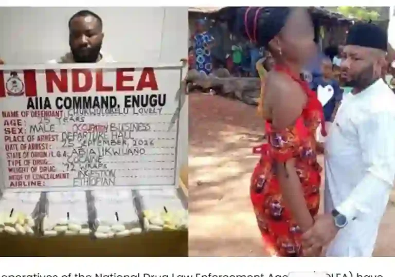 Newlywed cocaine trafficker arrested at Enugu airport with 72 wraps in stomach